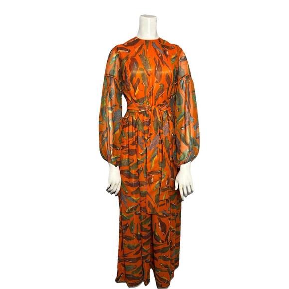 Vintage 60s California Calliope Maxi Dress Bird Novelty Print Sheer Sleeves S - Picture 1 of 5